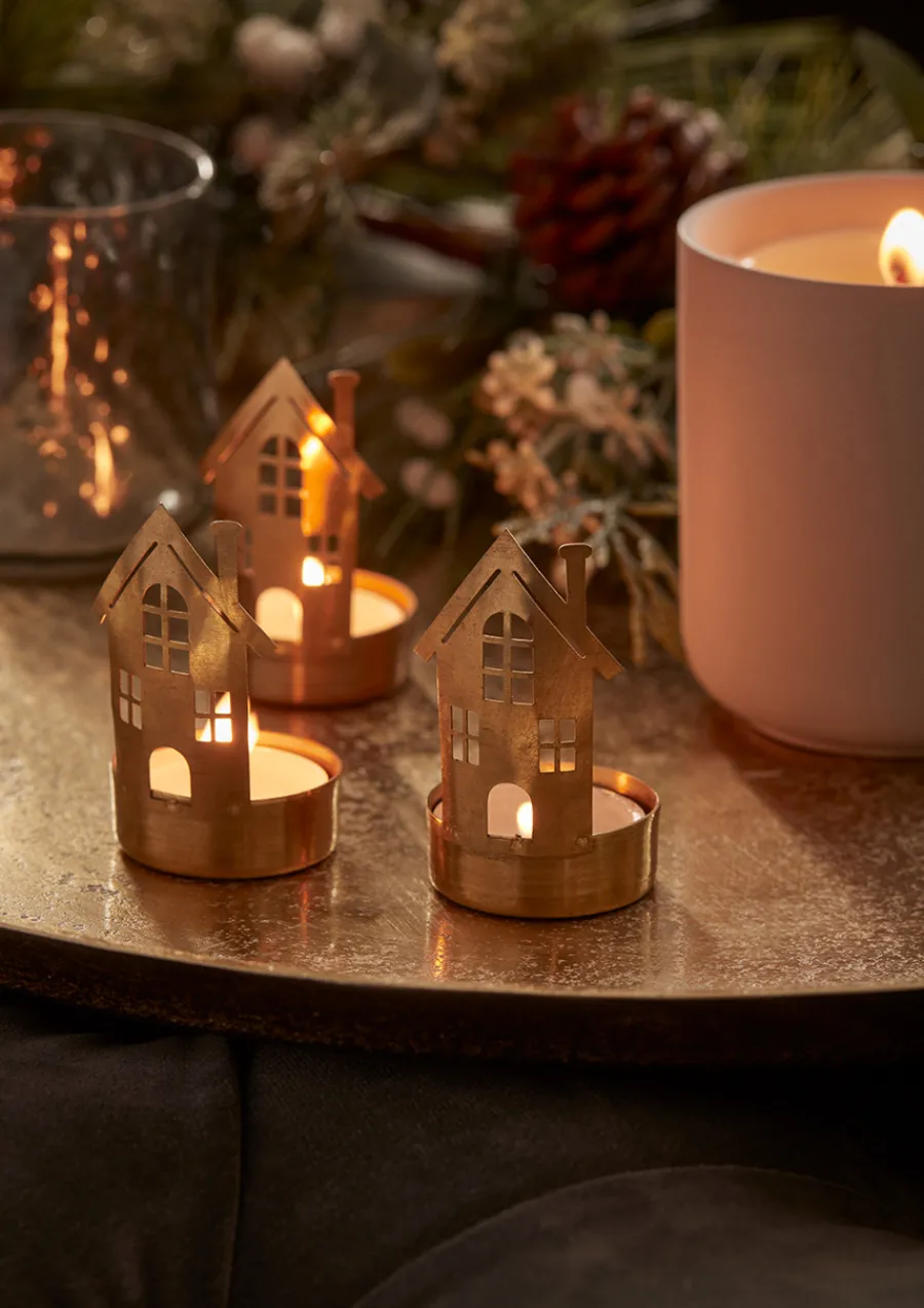 Cox & Cox Candle Holders<Three Brass House Tealight Holders