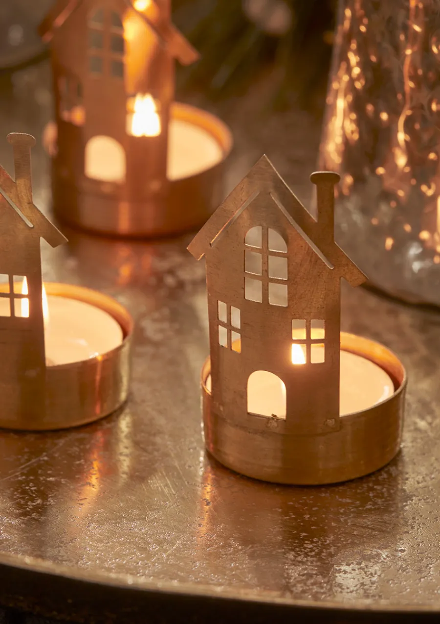 Cox & Cox Candle Holders<Three Brass House Tealight Holders